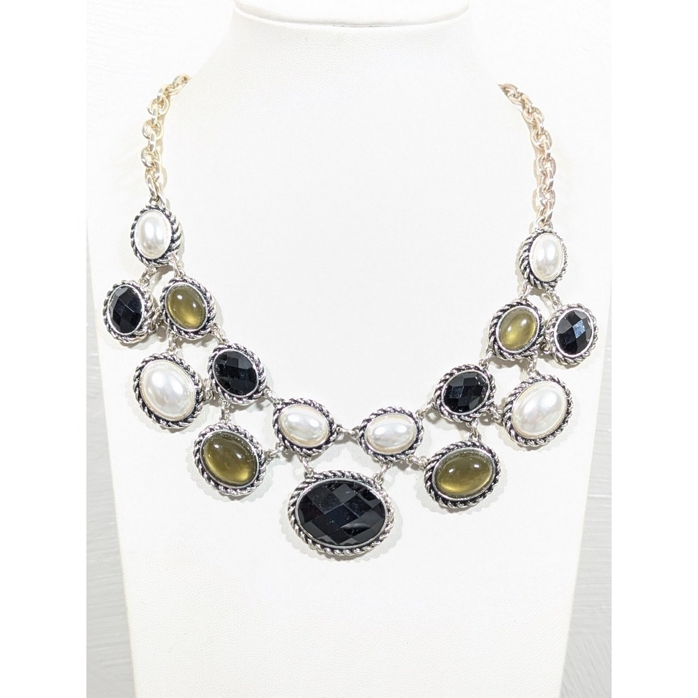 Classic Chic Rope Faux Pearl Oval Cabochon Black Statement Neckalce Retro 19 in